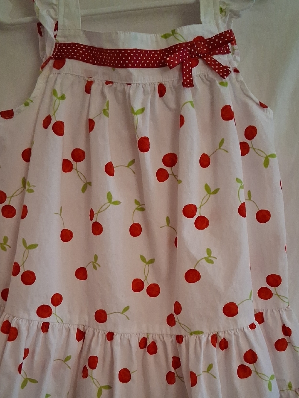 Cute For Girls White Blouse with Red Cherry Print and Polka Dot Bow Accent.